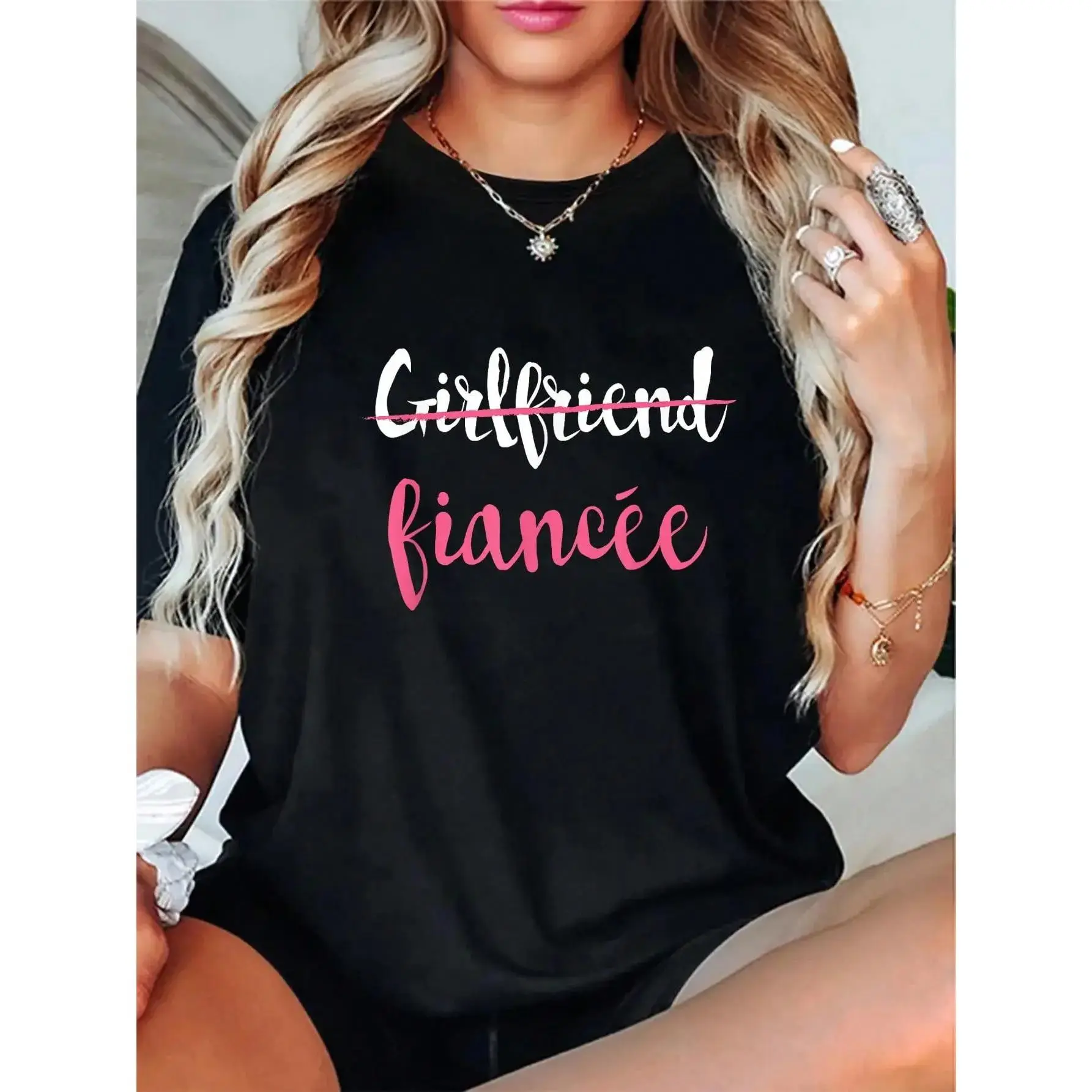 Women's 100% Cotton Short-Sleeve Graphic T-Shirt - Everyday Casual Top for Engagement, Just Engaged Girlfriend & Fiancee, Shortsleeve, Tshirt, Print, Vintage, Round Neck, Playful, Pure Cotton, All Over Print, Lady, Streetwear, Cute