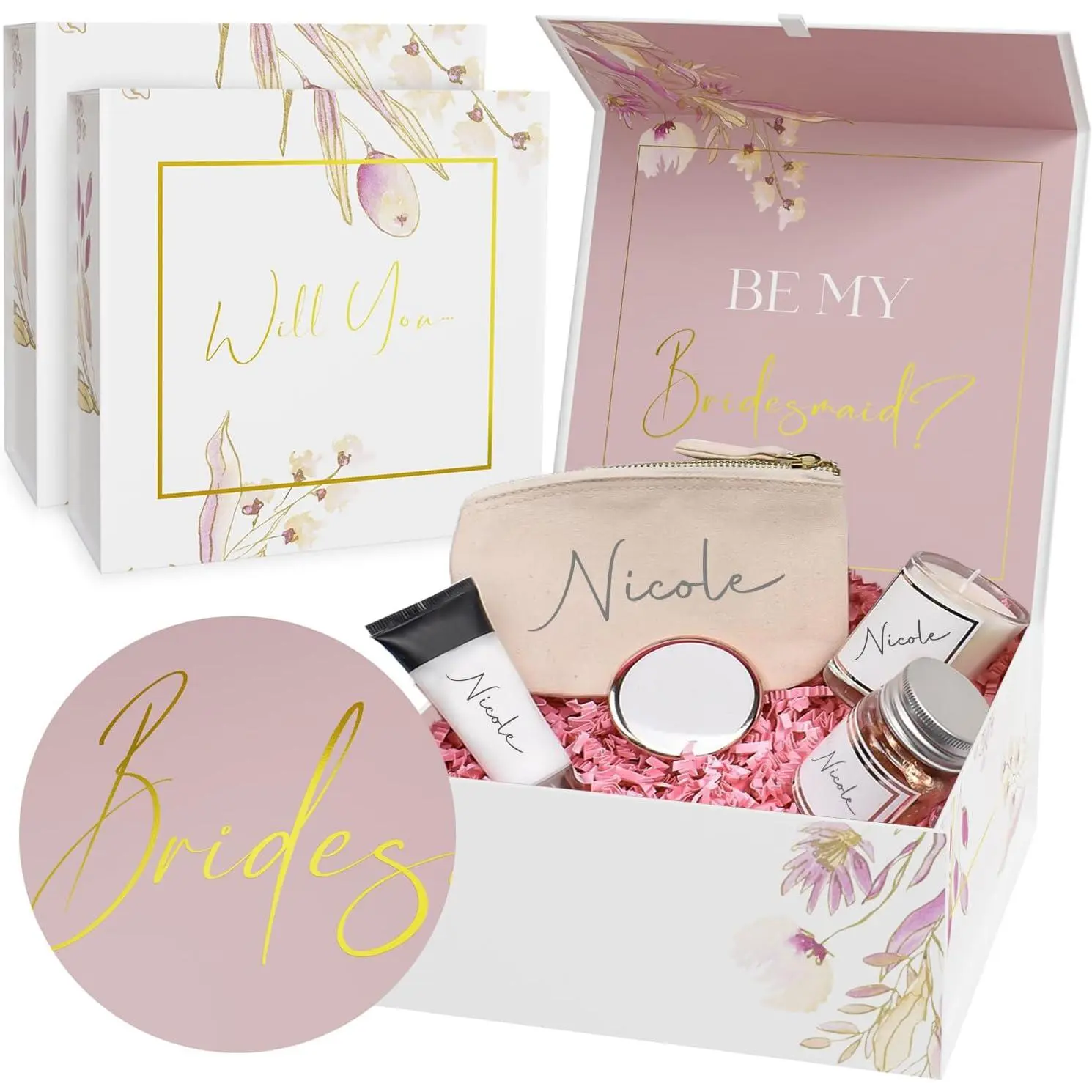 3Pack Bridesmaid  Boxes with  For Presents, 9.25x9.25x3.75" Collapsible Bridesmaid Proposal Box Stuffers, Will You Be My Bridesmaid Box With Lid For Gifts,  Bridesmaid Proposal Boxes