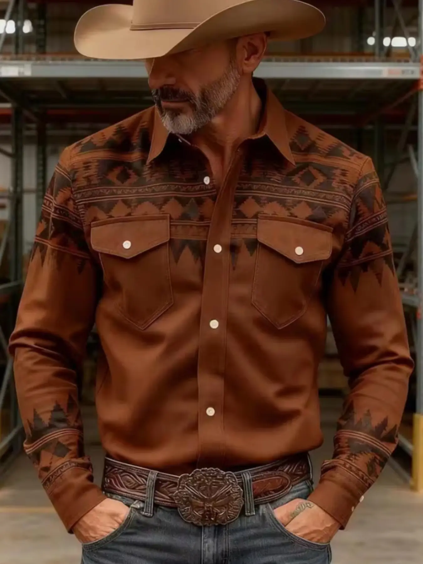 American Western Ranch Style Navajo Ethnic Print Denim Shirt, Long Sleeve Slim Fit Casual Top, All over Print Clothing for Men