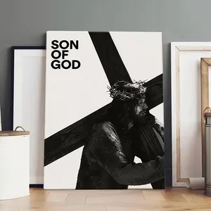 1 Pc, Wooden-Framed Canvas Painting Ornament, Son Of God Jesus Carrying Cross Black And White Christian Art, Minimalist Religious Style, Church & Home Framed Wall Art, Living Room & Bedroom Home Decor