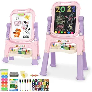 Children's easel, adjustable standing and rotatable double-sided easel, equipped with painting accessories, suitable for young boys and girls - pink: toys and games