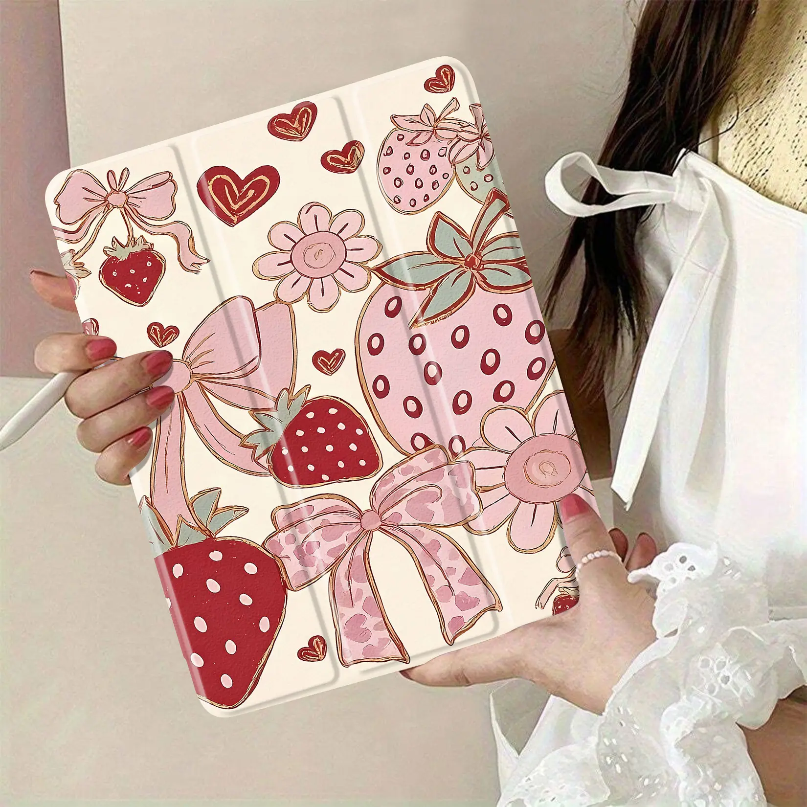 Strawberry-Floral Patterning Wrapping Paper with Pink Bows-Hearts, Unisex Single Sheet Tablet Cover Accessory Decoration for Party Gift Wrapping, Crafts, DIY Projects