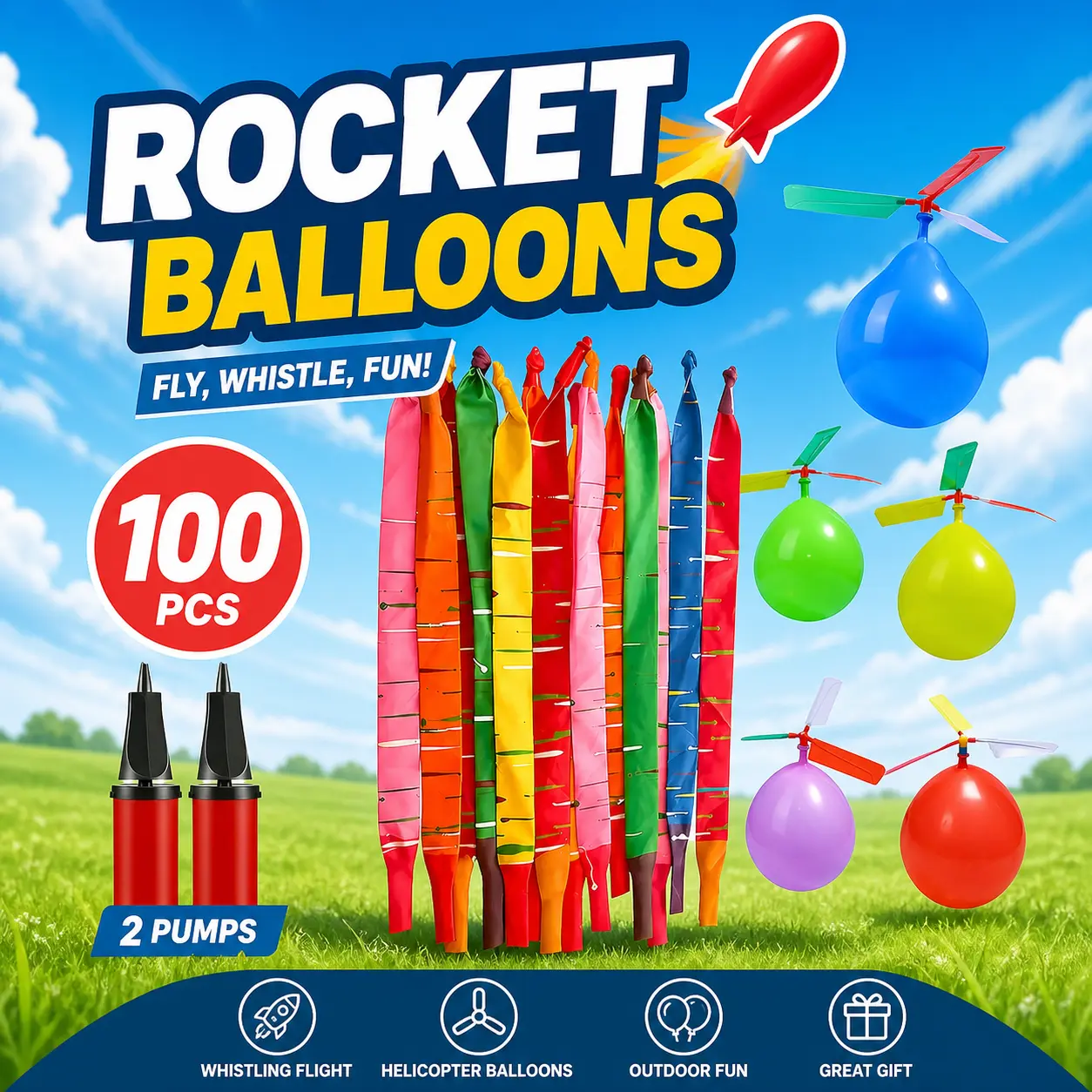 Rocket Balloons with 2 Pumps 100pcs Whistling Flying Rockets + 5 Helicopter Balloon Toys, Screaming Air Rocket Set  Kids, Outdoor Party Games and Birthday Gifts New model