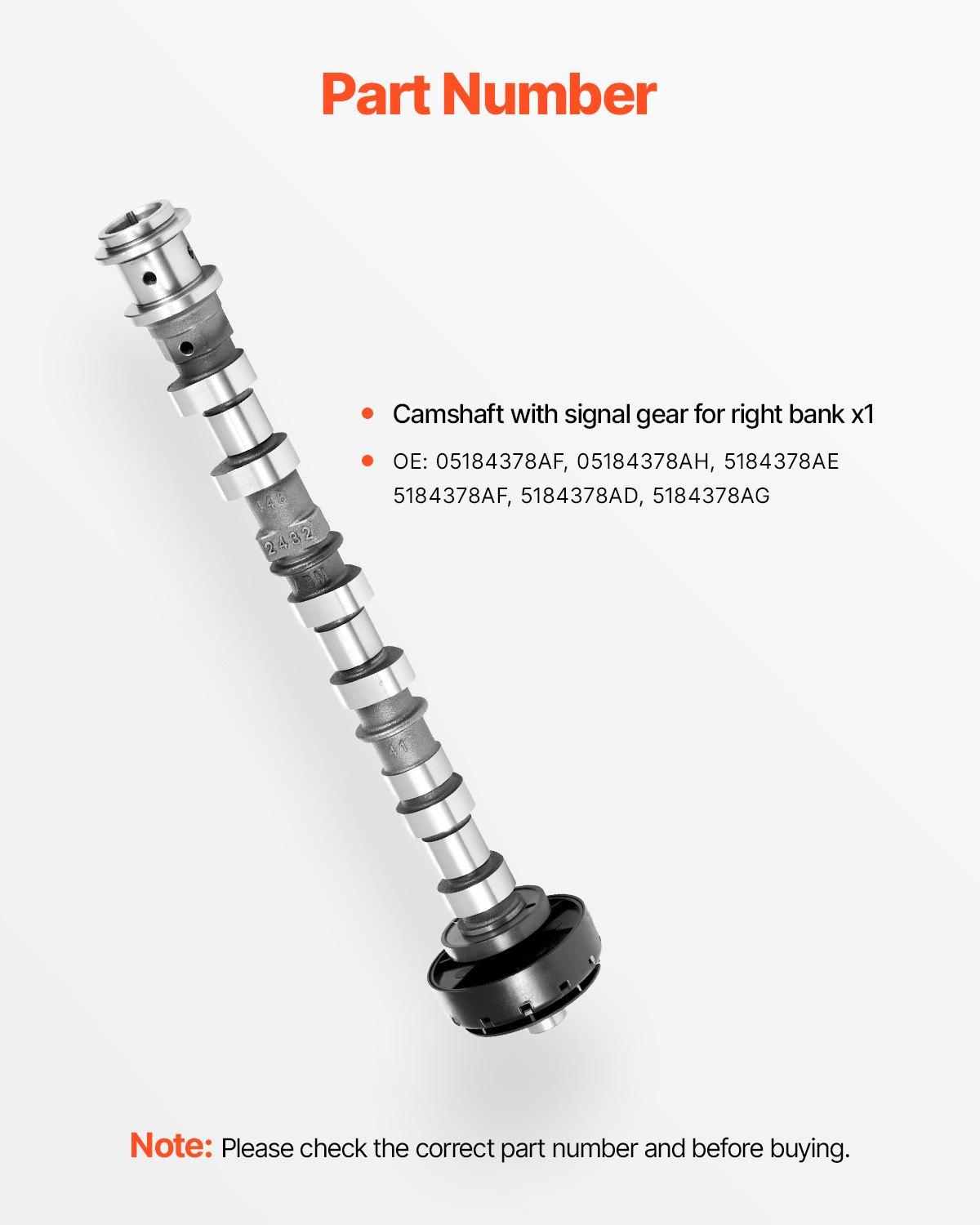 VEVOR Engine Camshaft, 05184378AF 05184378AH 5184378AE 5184378AF 5184378AD 5184378AG Cam Replacement, Fit 2018 Jeep Wrangler JK, 2011-2019 Dodge Journey, 2013-2018 Ram 1500, 2012 Ram C/V Base, 3.6L V6