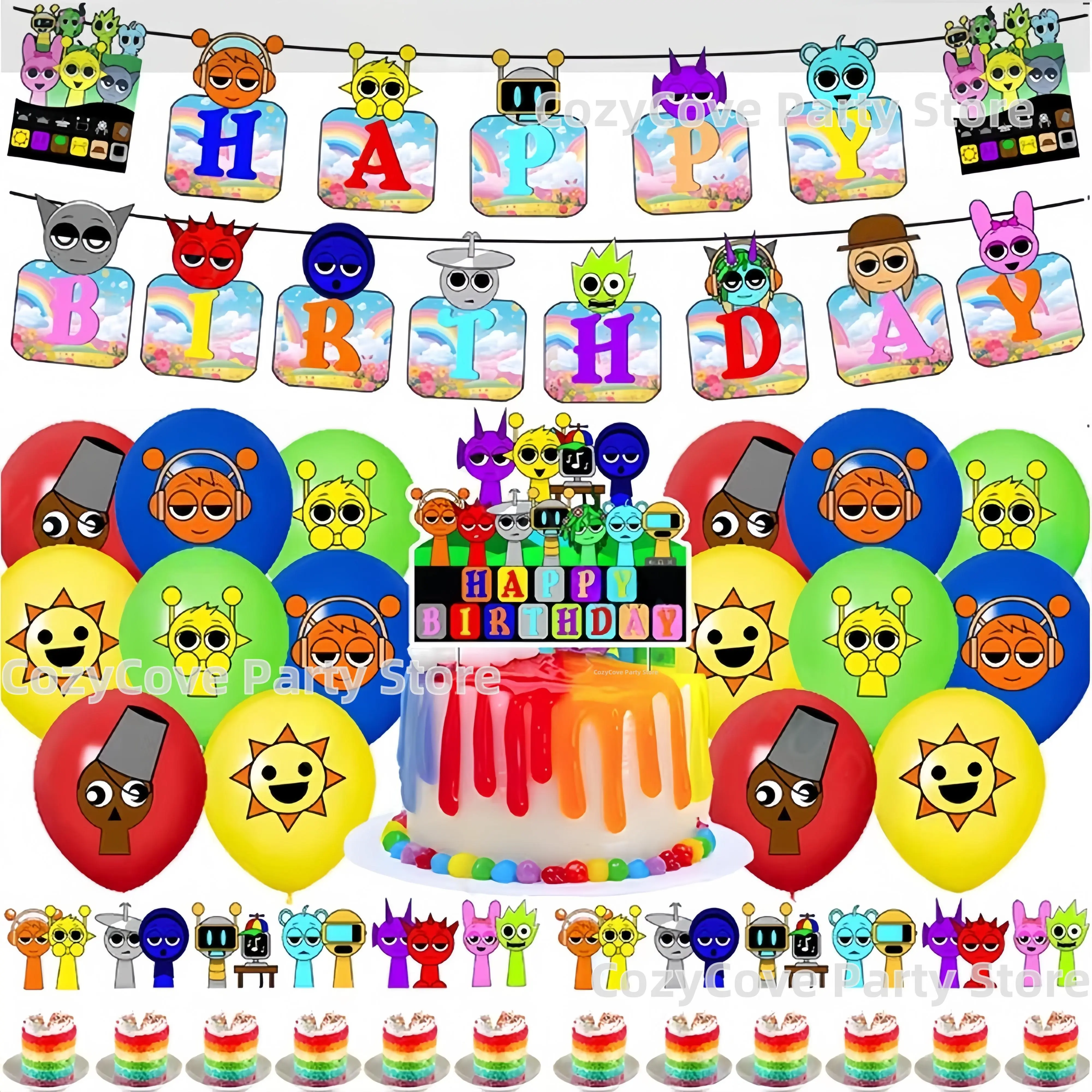 Incredibox Sprunki Kids' Party Tableware & Decoration Set - 13pcs Cake Topper, Balloons, Banner, Favors for Birthday, Baby Shower (DIY Specialty Supplies)