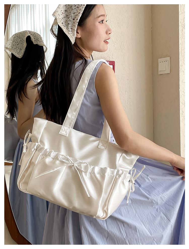 Sweet Ballet Style Girl Tote Ruched Bow Chic Student Preppy Style Shoulder Bag Large Capacity Cute Elegant Handbag