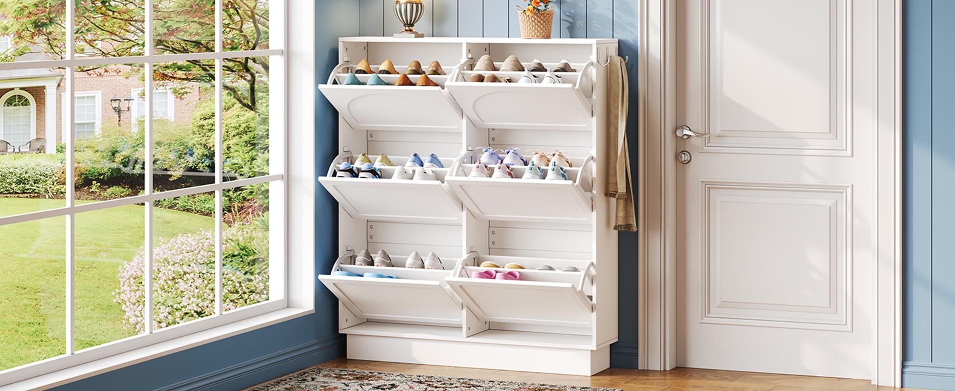 [Bellemave]Modern Elegant Narrow Tipping Bucket Shoe Cabinet with 6 Flip Drawers, Space Saving Design, Cream Style Entryway Organizer with Adjustable Shelf, Free-Standing Shoe Rack with 3 Silvery Hooks, White