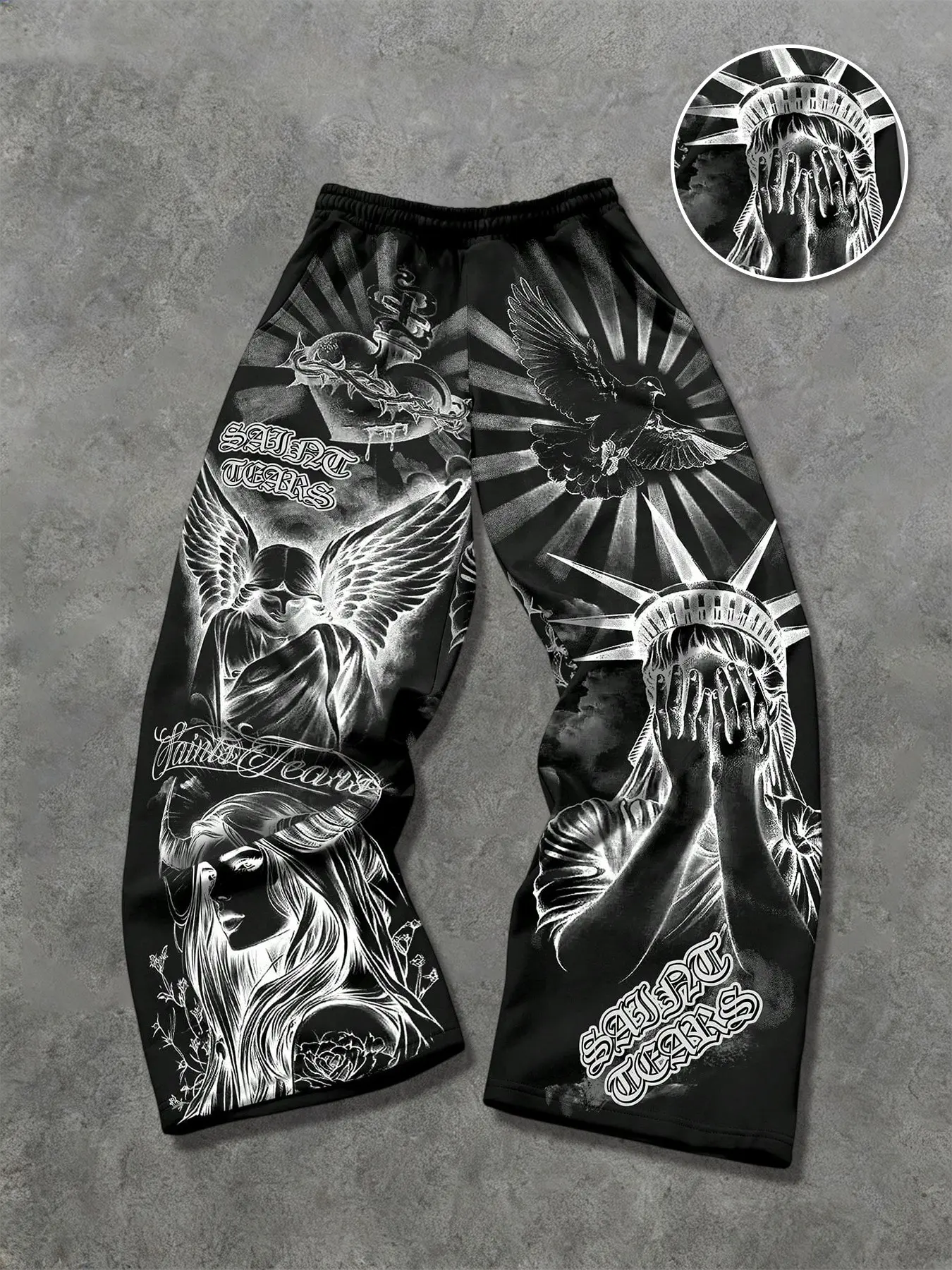 Men's American Hip‑Hop Printed Wide‑Leg Sweatpants, Dark Religious Figure Print Loose Straight Pants, Street Dance Daily Wear Casual Trousers
