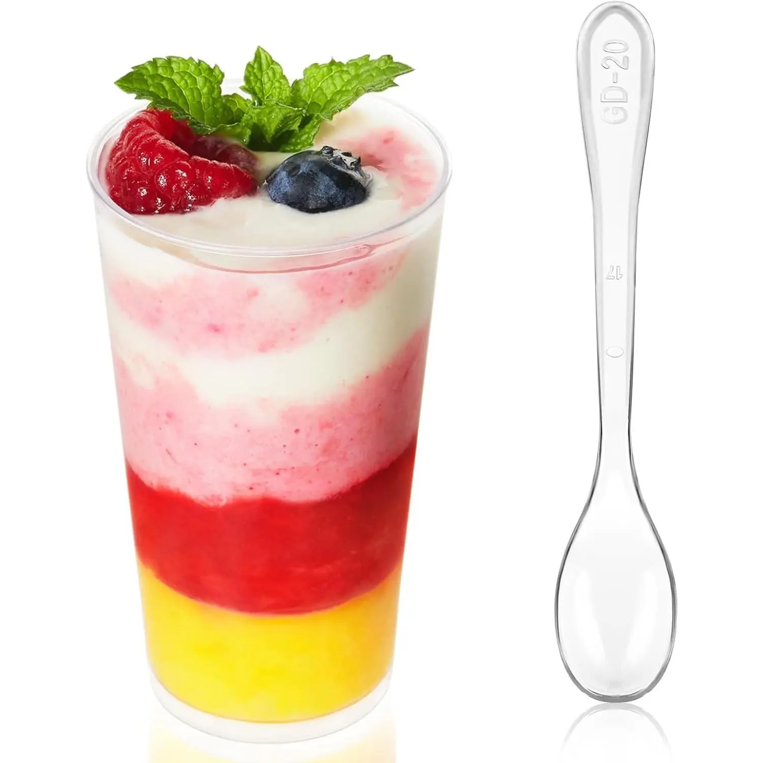 50 x 3 oz Mini Dessert Shooter Cups with Spoons |  Round Tall Plastic Dessert Shot Glasses, Parfait Glasses, Cake Shooters, Appetizers Cups, For Candy Bar Decorations