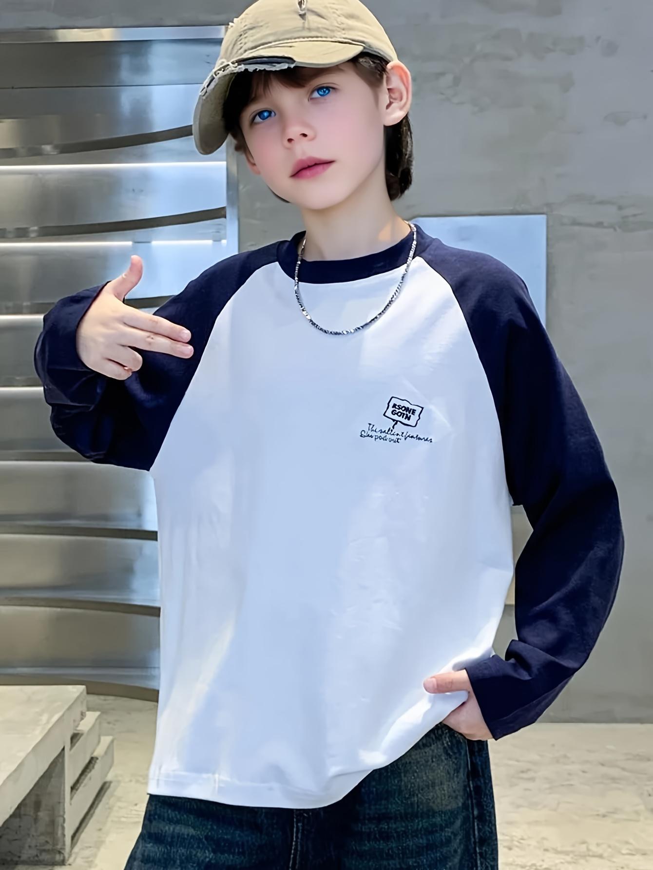 Boys' Long Sleeve T-Shirt with Contrast Color Block & Raglan Sleeves - Oversized H-Line Fit, Round Neck Casual Shirt for Spring/Fall Layering, & Outdoor Play - Easy-Care Kids' Top (White/Black/Navy)(Gift)11