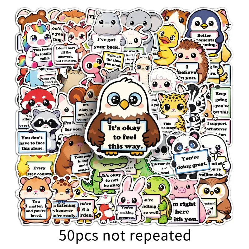 50Pcs Kawaii Animal Stickers - Cute Emotional Support Decals, Decorative Stickers for Notebook/Skateboard/Desk, Funny Positive Quotes for Party Decor, Kids & Teens