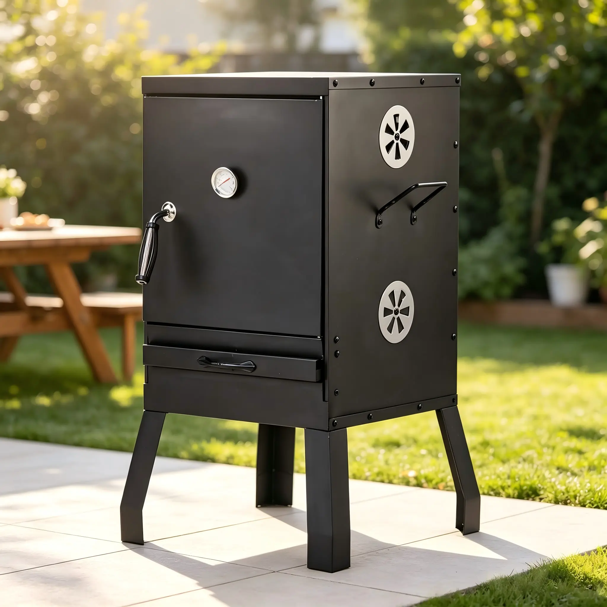 Classic Vertical Charcoal Smoker and Grill, Portable Iron BBQ Cooker with 3 Racks, Built-in Thermometer, and Insulated Handles for Backyard Camping, Meat, Adjustable, Compact, Iron+Chrome