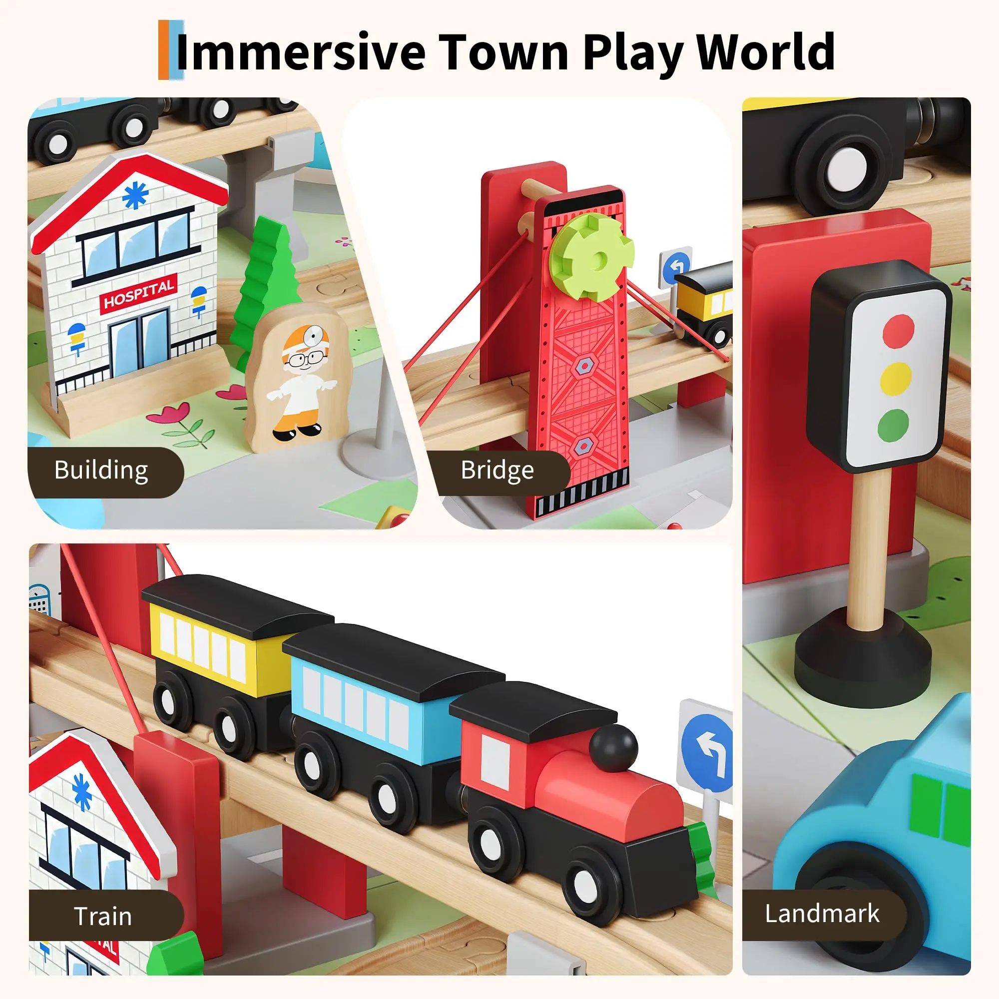 2-in-1 Wooden Train Table Playset – 90+ Pieces with Tracks, Trains, City Accessories – 3 Storage Bins – Multi-Purpose Activity Table for Kids Ages 3+