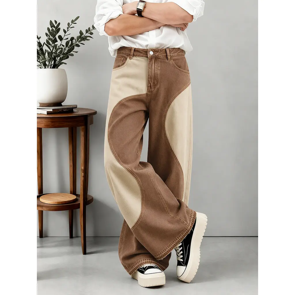 Vintage Hip Hop Wide Leg Denim Jeans, Brown Beige Curved Splicing Contrast Patchwork Pants, Oversized loose silhouette trousers, versatile street pants match shirts, sneakers, leather shoes and hoodies perfectly