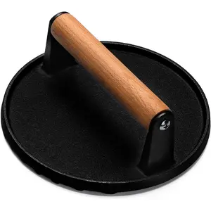 Burger Press, 7" Round Heavy-Duty Cast Iron Smash Bacon Press Meat Steak with Wood Handle for Griddle, Sandwich, Nonstick Pan