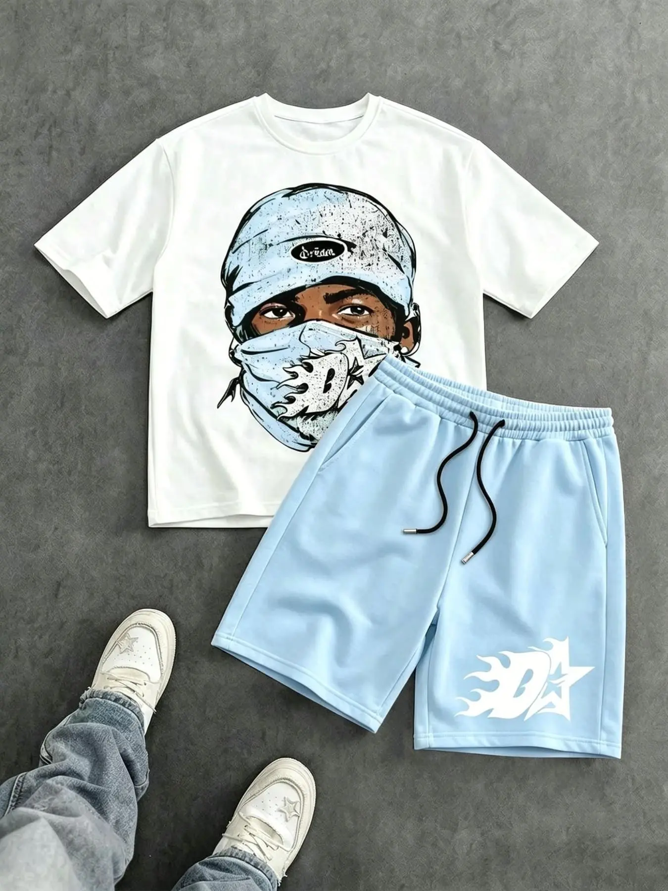 American Street Style Masked Figure Print Set, T-Shirt & Shorts, Flame Star Design, Unisex, Casual, Trendy
