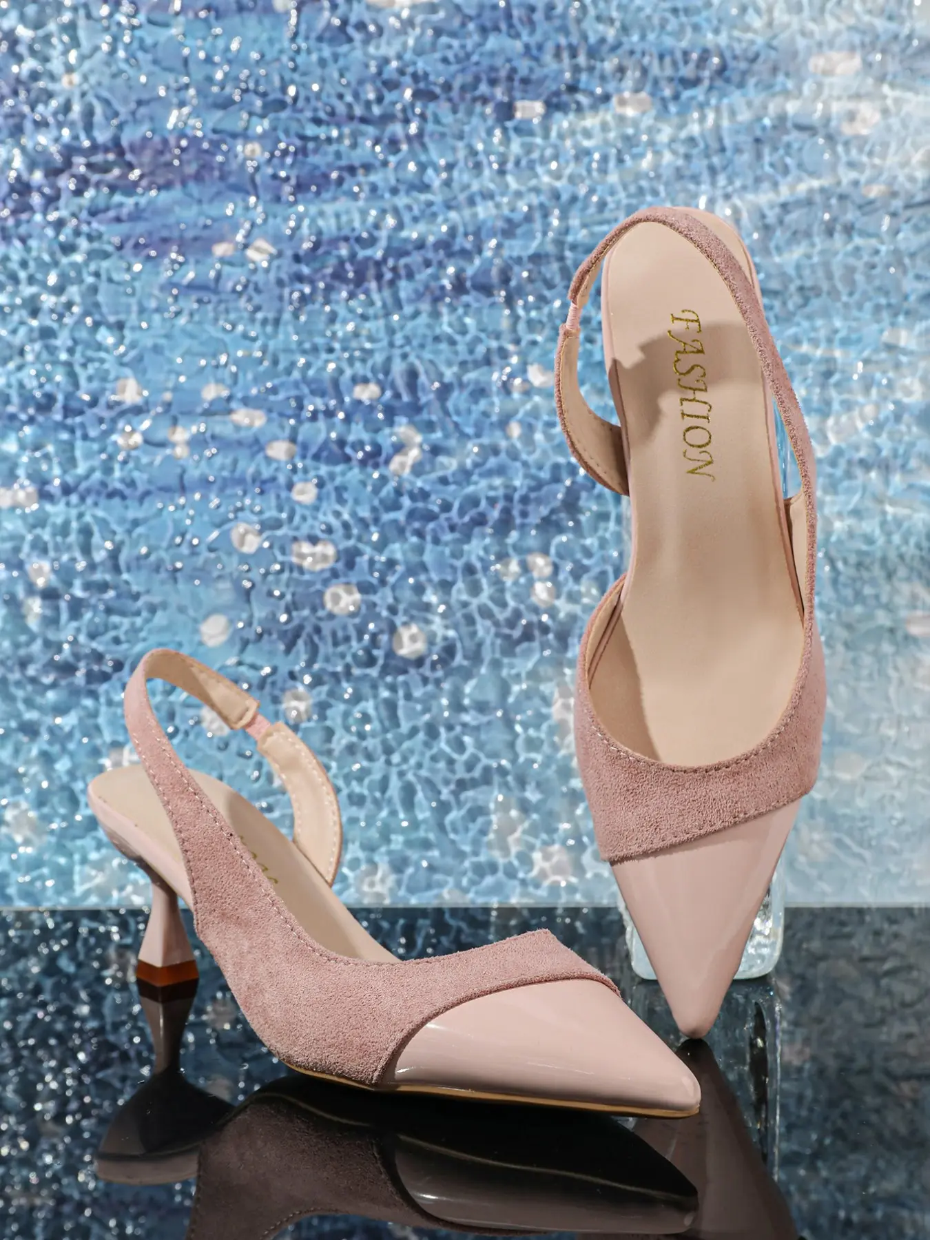Two-Tone Pointed Toe Slingback Kitten Heels for Women - Patent & Suede Strap Backless Heels in Black, White, Pink & Lime Green
