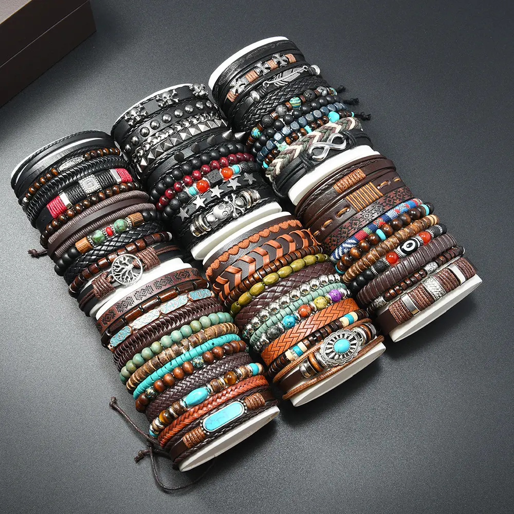 10/22/30Pcs Vintage Men's PU Leather Bracelet & Bead Accessory - Multi-Layer Punk Style Layered Beads, Compatible for /Holiday/ Themes, Suitable for Daily Wear, Parties, Gifts, Year-Round Wear for Mardi Gras & Valentine's