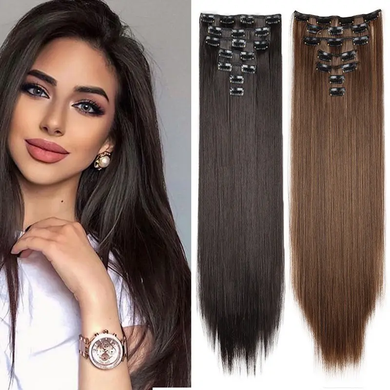 7-Piece Clip-In Hair Extensions Set, European Style Long Straight Hair Pieces, Seamless Volume Boost, One-Piece Extension Kit, Straight Hairpiece