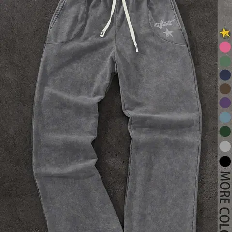 Men's Vintage Cotton Fabric Sweatpants, Loose-Fit Elastic Waist Knit Pants, Casual Fashion Washed Bottoms for Daily Wear, Streetwear