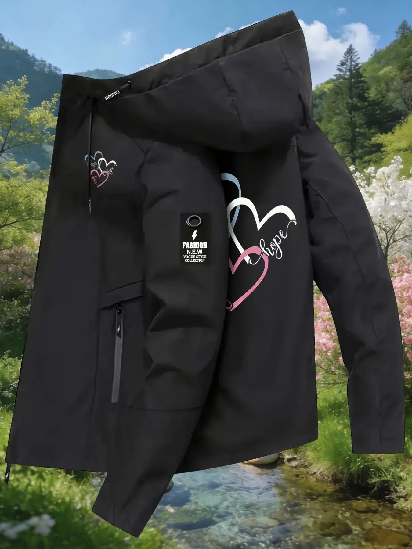 Women's Hooded Windbreaker Jacket Double sided Faith Hope Love Heart Print Jacket Two Color Options Hooded Loose All Season Warm Jacket Ideal for Daily Commute Hiking Climbing Wear Skin Friendly Breathable Machine Washable Plussize