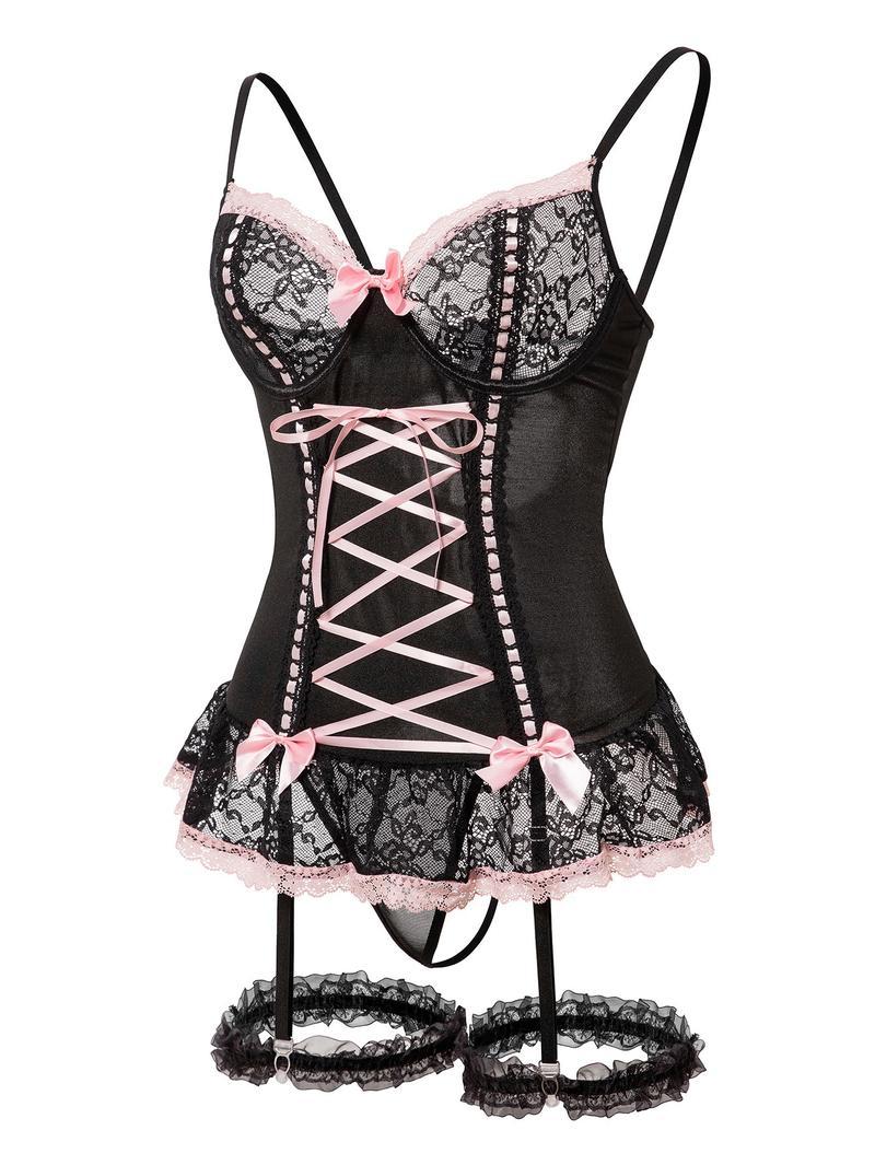 Women's Sexy Black & Pink Lace Corset Lingerie Set, Push-Up Bustier with Lace-Up Detail, Bow Accent Ruffle Hem Garter Belt Lingerie, Perfect for Valentine's Day, Date Night & Romantic Occasions, Seductive Maid Style Intimates