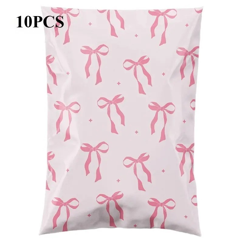 10Pcs Thick PE Mailing Bags With Bow Ribbons, Simple Sweet Style, Waterproof Durable Material, Widely Used For Apparel & Stationery Shipping, Valentine’s Day, Mother’s Day And Back-to-school Gift Wrapping