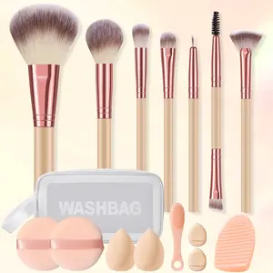 16-Piece Makeup Tool Set, 7 Brushes + Waterproof Bag + Sponge + Powder + Cleaner + Silicone Tools, Portable Beauty Kit for Daily Use