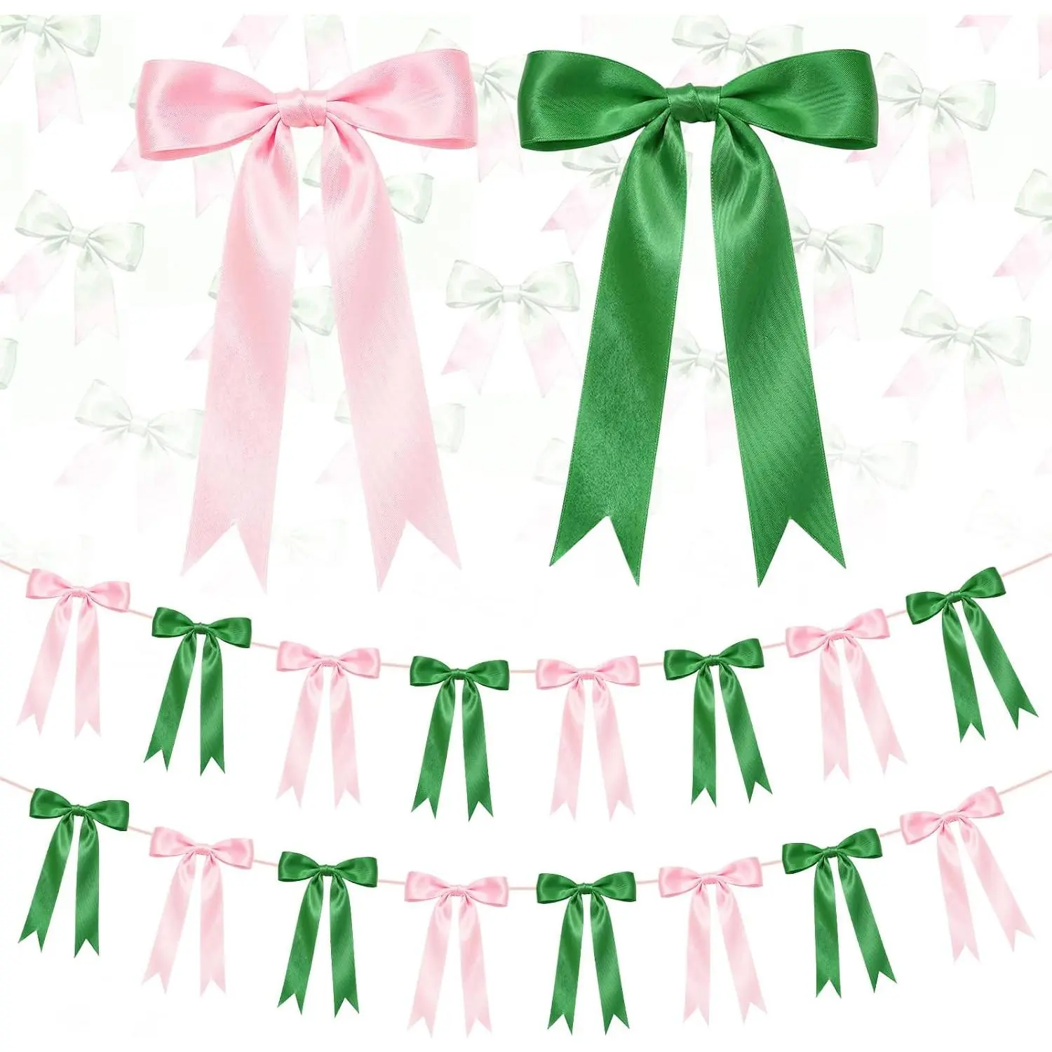 Green Bow Garland Banner Decorations - 2 Movable Synthetic Satin Ribbon Strings, 16-Count Pre-Strung with 6.7 ft Chain, for Girls' Events Wall Room Decor (Birthday, Shower)