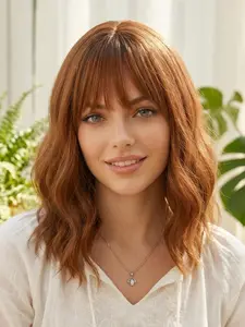 14-Inch Short Curly Wig with Bangs, Dark Orange Synthetic Hair, Natural Look, Easy to Style, Suitable for All Ages, Daily, Party