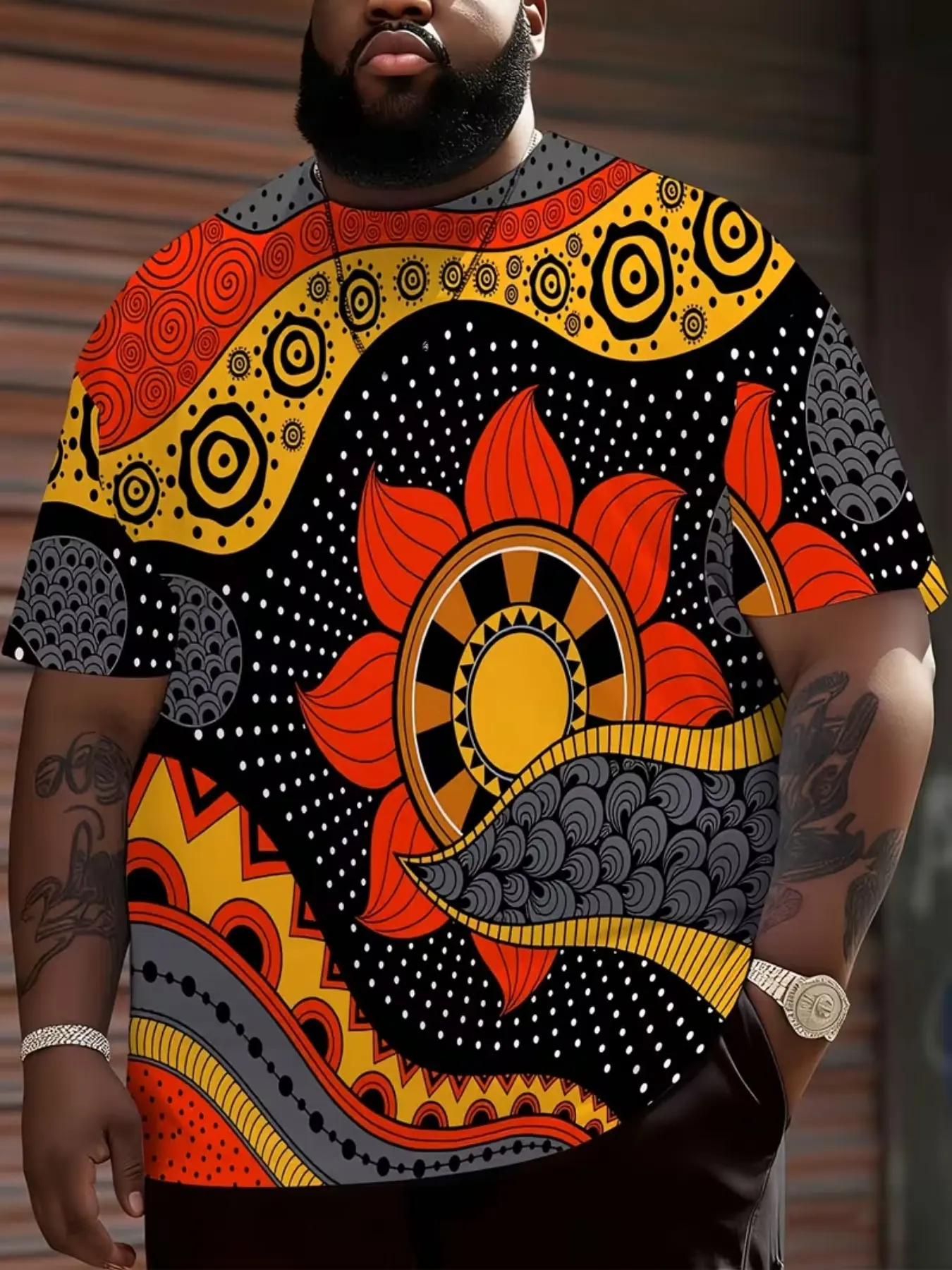 African Print Dashiki Shirt for Men, Traditional Tribal Pattern, Long Sleeve, Bold Multicolor Design, Sun and Geometric Patterns, Plus Size