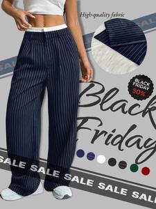 women's all over striped print pocket wide leg pants, casual fit comfy chic trousers for spring & fall, women's bottoms for daily wear, womenswear