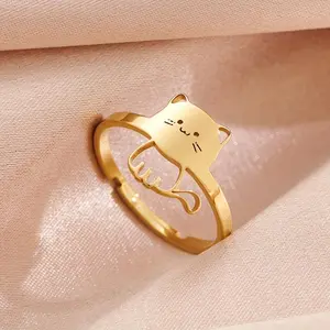 Fashionable And Individual Open Adjustable Finger Ring Cute Stainless Steel Cute Cat Ring Additions