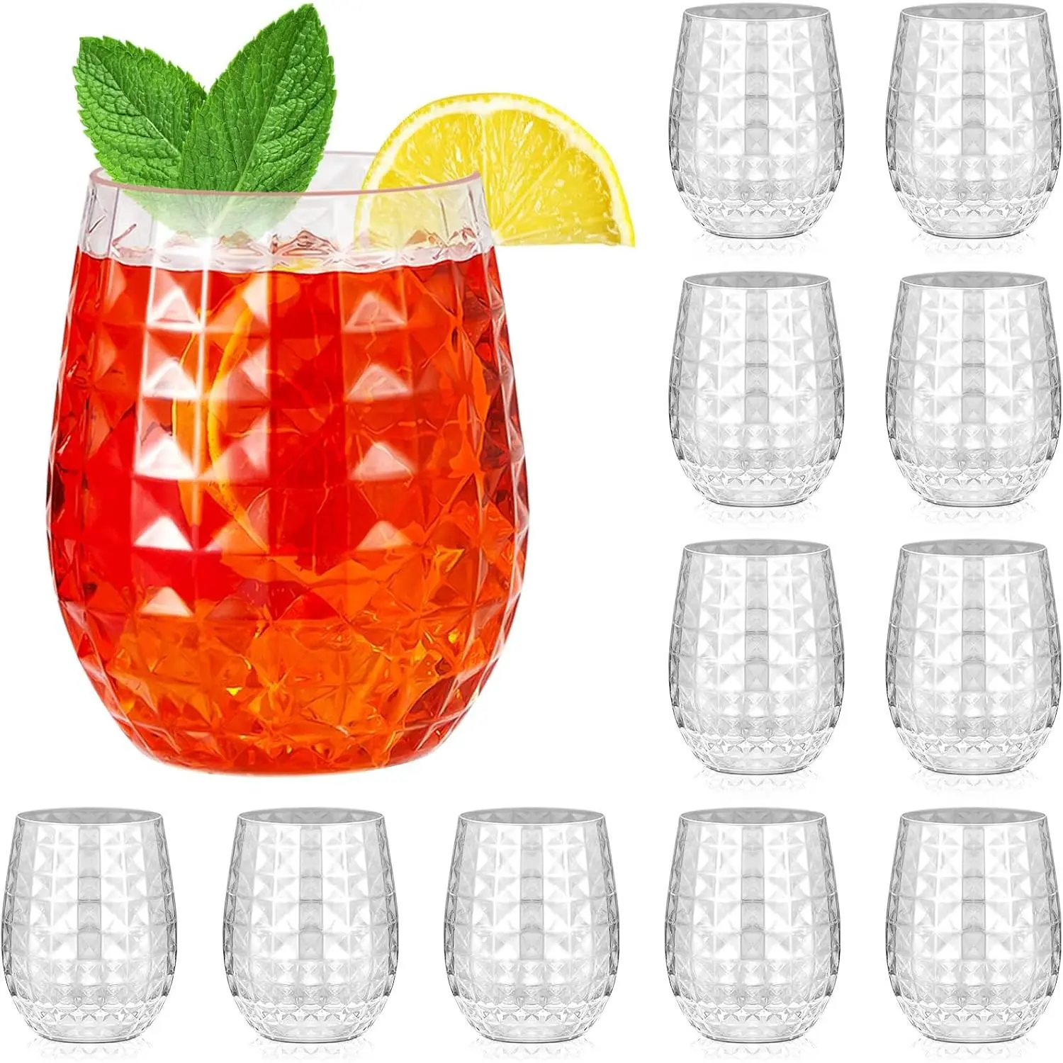 12 Set  Pineapple Glasses 12 oz Plastic   Glasses Hawaiian  Cups Clear Stemless  Pina Colada Cups Shatterproof Unbreakable  Mug for Tropical Bar Summer Party