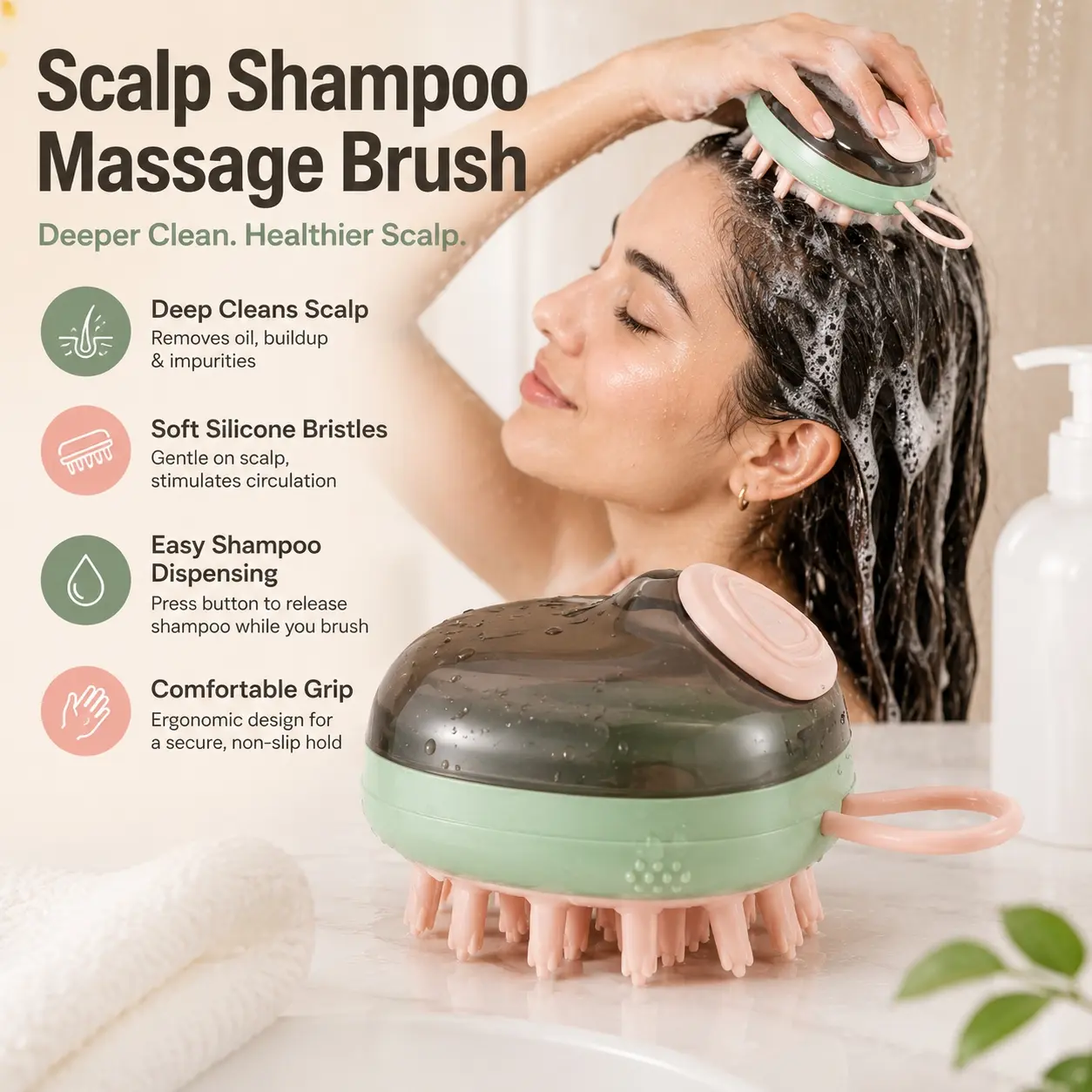 Premium Silicone Hair Washing Comb with Soft Flexible Bristles, Deep Cleaning Exfoliating Head Scrubber for Dandruff Removal, Itch Relief, Stress Relaxation, Scalp Care Tool for Women Men Kids Elderly and Pet Bathing at Home Shower