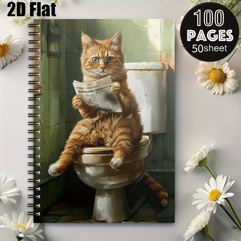 1pc Funny Cat Reading Newspaper Spiral Coil Notebook, 5.7x8.26 inch, High-quality Lined Pages, Durable Binding, Bathroom Humor Journal, Daily Toilet Reading Notes, Home Office Stationery, Perfect Gift for Cat Lovers on Christmas Halloween Birthday [
