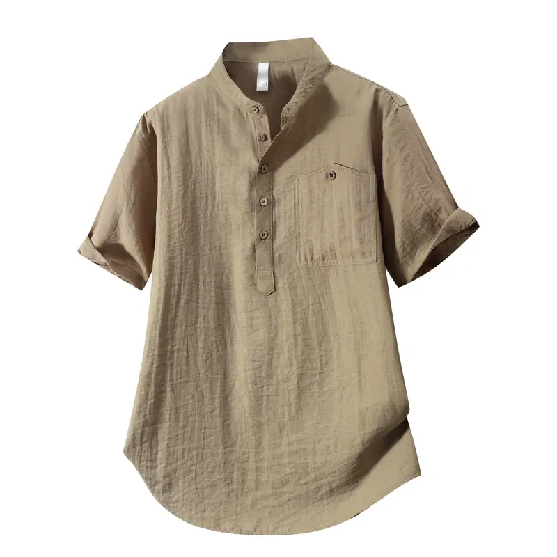 Men's Solid Khaki Mandarin Collar Half-Button Short-Sleeve Henley Shirt - Mens Clothing, 1-Button Chest Pocket, Rolled Cuffs, Curved Hem, Crinkle Linen Blend, Loose Oversized, Breathable, Machine Washable, Casual Summer Streetwear Top, Going Out