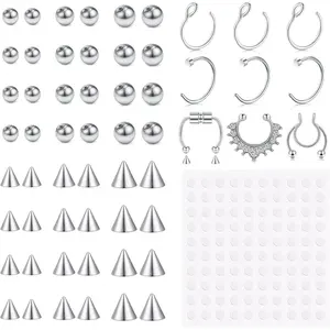 Fake Eyebrow Ring Fake Lip Labret Studs Replacement Balls Spike with 100pcs Sticker Non-Piercing Body Jewelry Fake Skin PiercingGift.