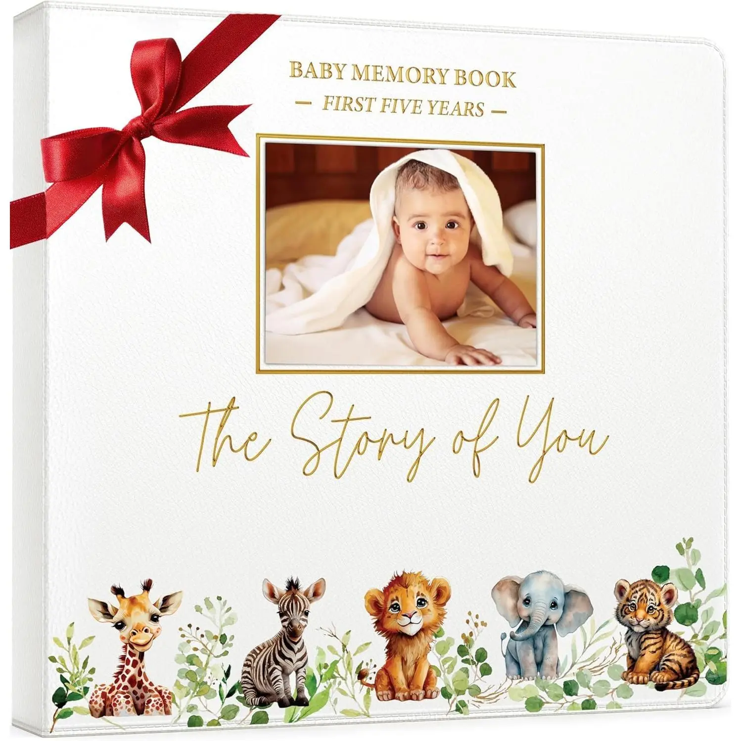 Baby Memory Book Keepsake - First 5 Year Baby Book for Boy or Girl, Gender Neutral Safari Theme, Faux Leather with Gold Foil Stamp, Photo Album Scrapbook Journal, Baby Shower Gift(Gift)