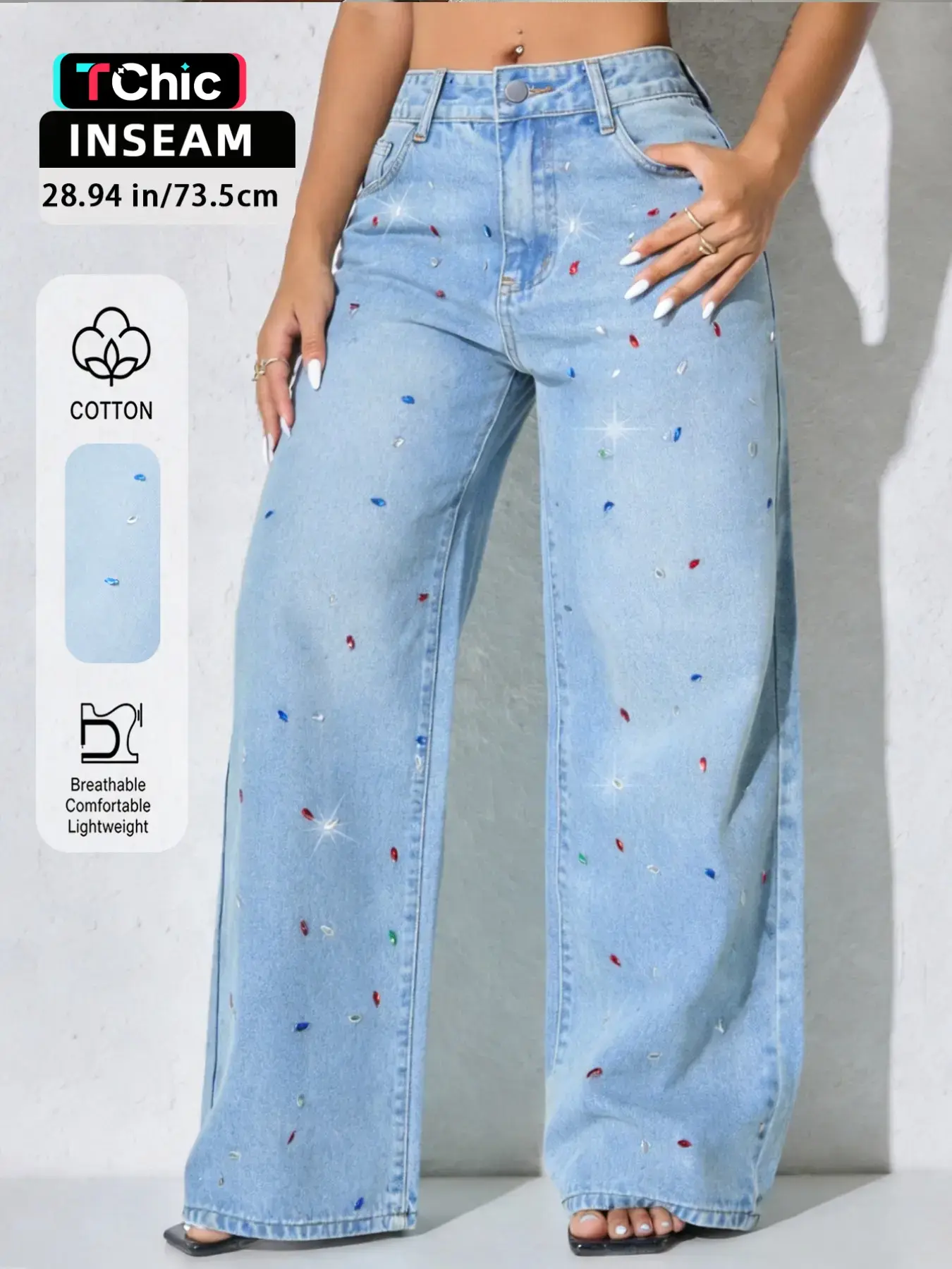 Women's New Fashion Chic Elegant High Waist Wide-Leg Fit Denim Pants, Comfortable Stretchy Soft Fabric, Rhinestone Embellishment, Trendy Casual Long Jeans for All Seasons, Womenswear