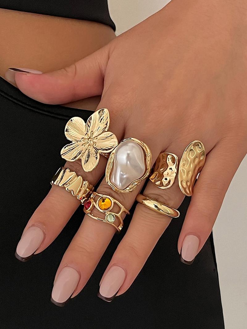 Vintage Flower Design Cuff Ring, Statement Multi Ring, Fashionable Jewelry for Women & Girls, Casual Jewelry for Party, Daily Clothing Decor, Trendy All-match & Exquisite Jewelry for Birthday Gift