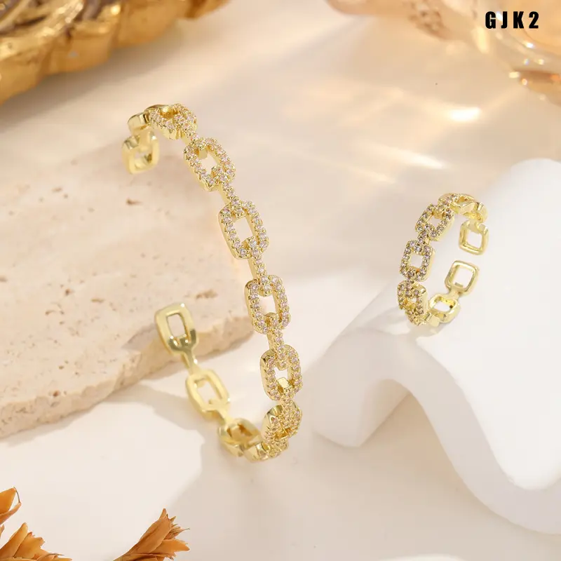 Rhinestone Chain Open Cuff Bangle & Ring Set, Gold Plated Hollow Link Statement Jewelry Set for Women