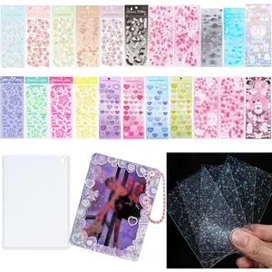 6 Kpop Photocard Holder Keychain Toploaders, 50 Holographic Card Sleeves for Trading Cards, 22 Ribbon Heart Bubble Deco Korean Stickers for Photocard Binder Album