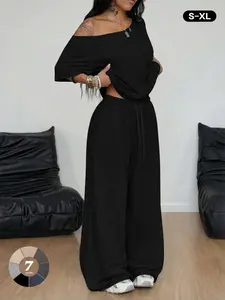 Women's Matching Lounge Sets, Two Piece off the Shoulder Top, Short Sleeve, Wide Leg Sweatpants, Travel Loungewear, Comfortable & Stylish