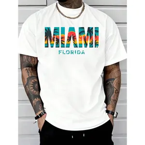 Miami Florida Sunset Graphic Men’s T-Shirt, Tropical Beach Print Casual Short Sleeve Crew Neck Tee, Summer Vacation Streetwear Top for Daily Wear, Travel, Holiday, Outdoor, Relaxed Fit Fashion Shirt for Adults