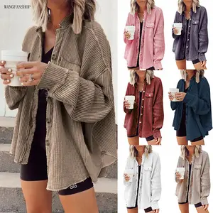 Women Loose Long Sleeve Plaid Patchwork Waffle Shirt Jacket, Button Front Lightweight Shacket Coat, Casual Oversized Top for Campus Street Lounge Daily Errands