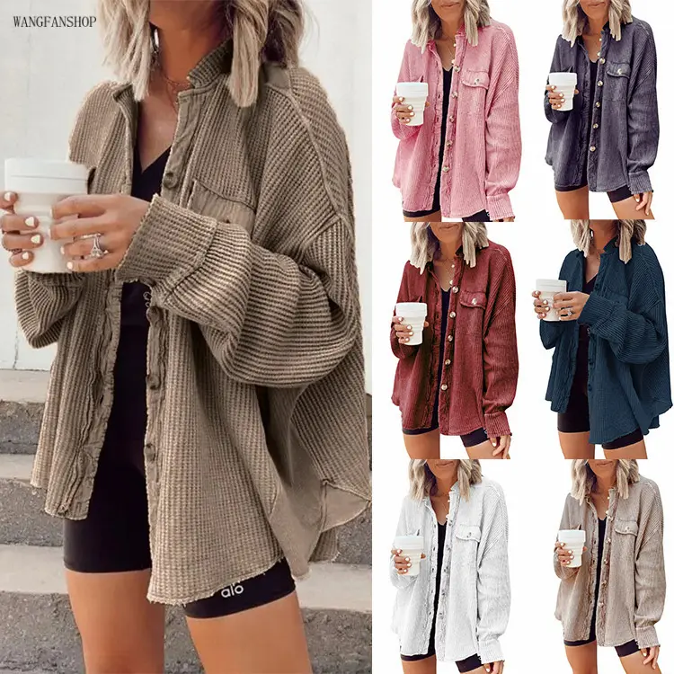 Women Loose Long Sleeve Plaid Patchwork Waffle Shirt Jacket, Button Front Lightweight Shacket Coat, Casual Oversized Top for Campus Street Lounge Daily Errands,Leather,Skull,Print,Trifold,Wallet
