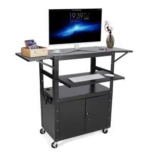 【Garvee】 Multipurpose Rolling AV Cart with Locking Cabinet – Adjustable Height, Pullout Keyboard Tray, Extra Storage, Power Strip – Mobile Steel Office Utility Cart on Wheels