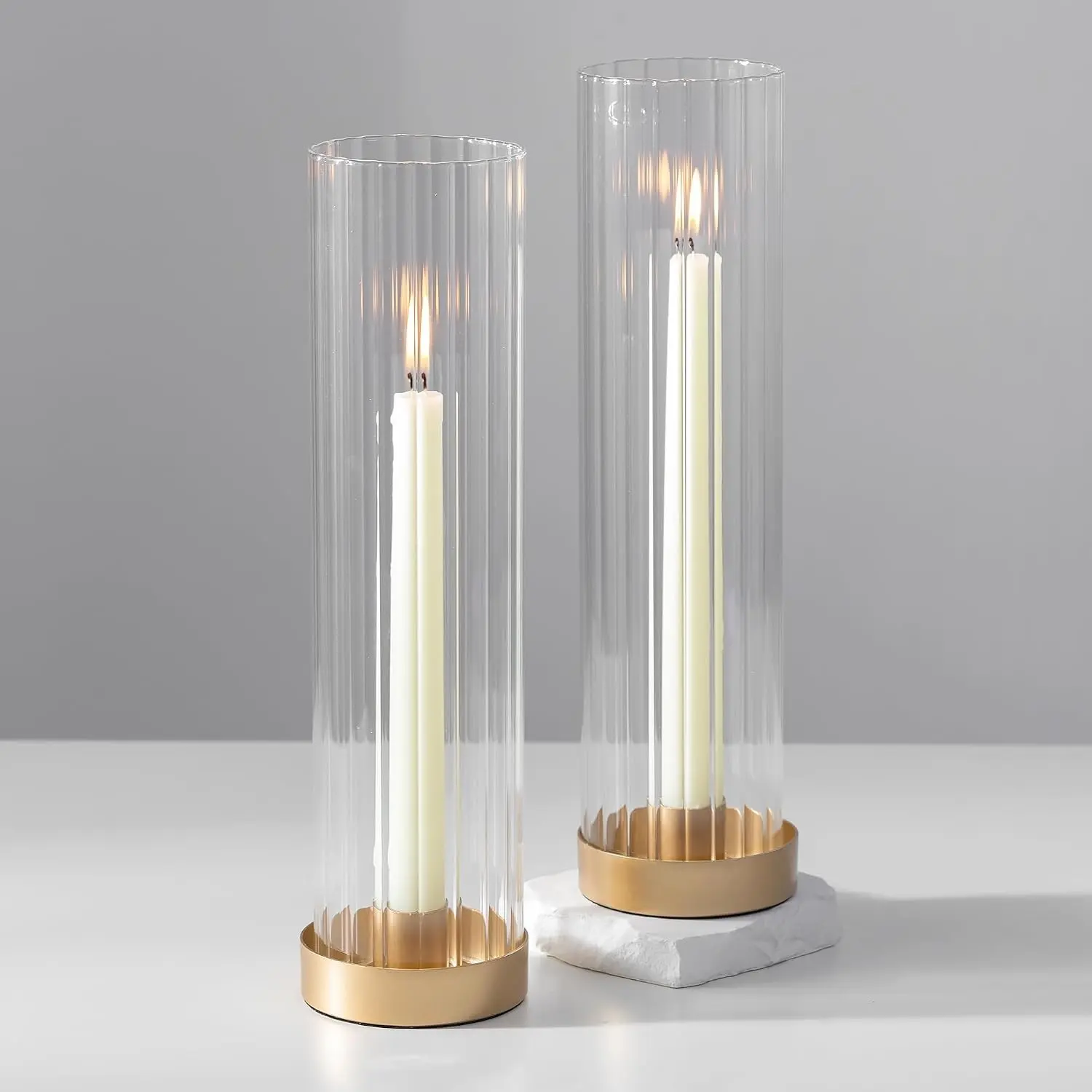 Glass Candle Holders Set of 2 Gold Candlestick Holders with 11" Tall Clear Cylinder Hurricane Cover, Taper Candle Holder for Wedding Table Centerpiece Party Christmas Home Decor