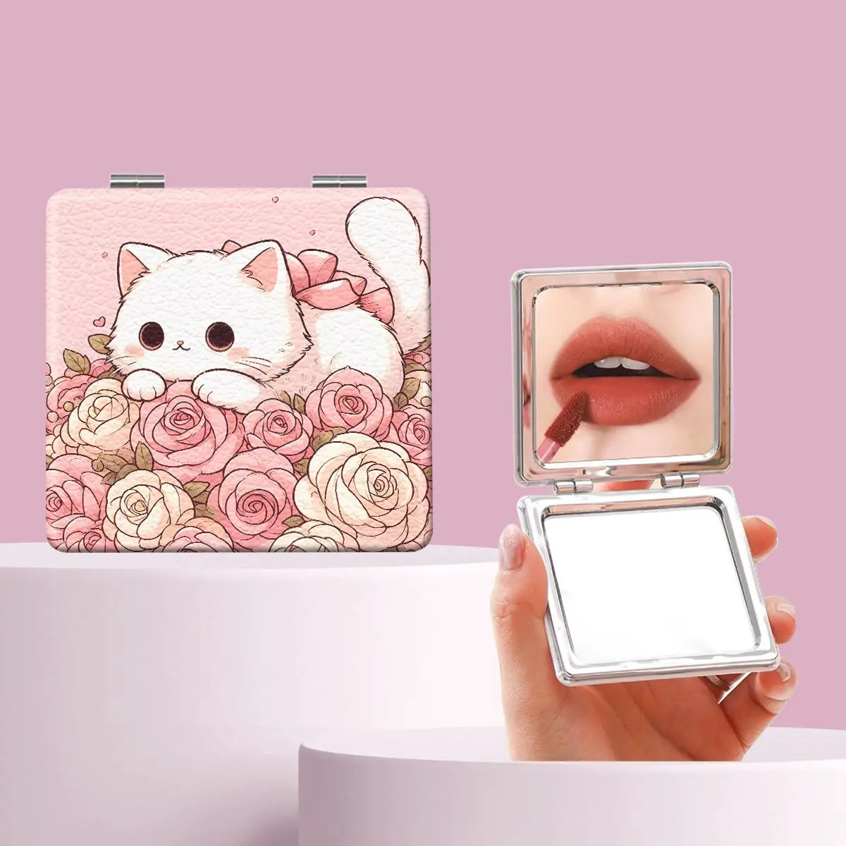 Cute Cat Rose Makeup Mirror, Foldable Mini Handheld Mirror, Perfect Gift for Sisters, Friends, Girls, Weddings, Holidays